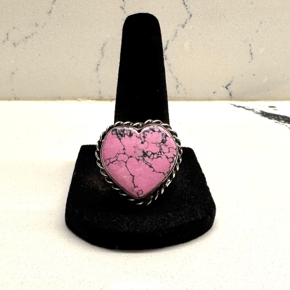 925 Sterling Silver Pink Turquoise Style Heart Ring Size 9.5 Rope Border